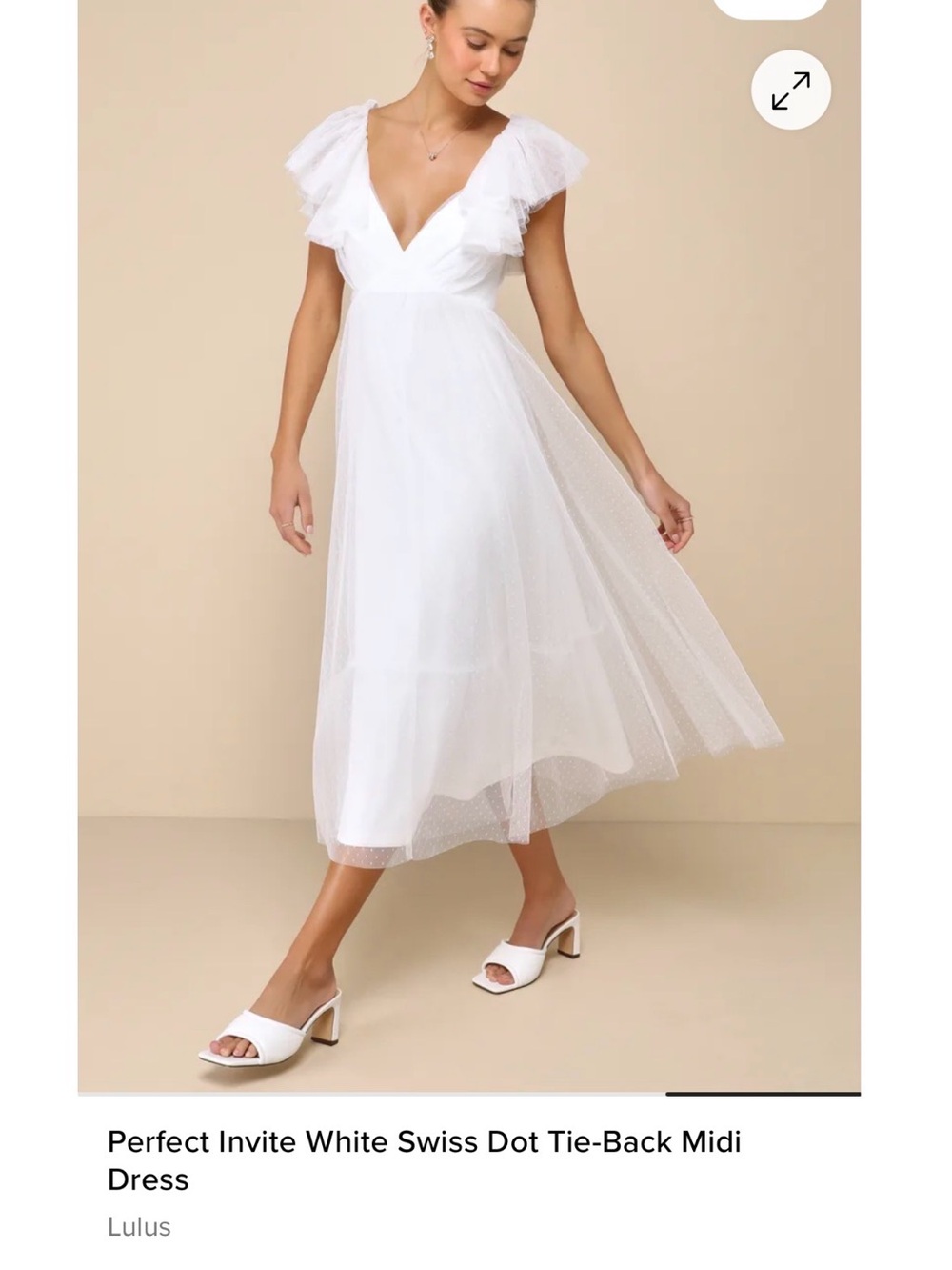 Lulu's White Swiss Dot Midi Dress with Ruffled Shoulders